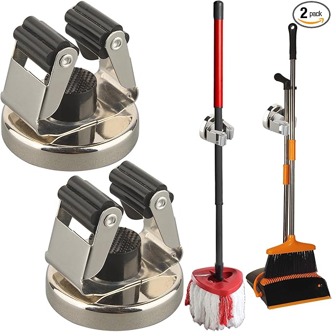 MUTUACTOR Magnetic Broom Holder,Anti-broken Broom and Mop Tool Holder,2PCS Adjustable Magnet Holder Broom Mop Clip with 360 Swivel Rack for Hanging in Metal Door Refrigerators Washer Machine by MUTUACTOR