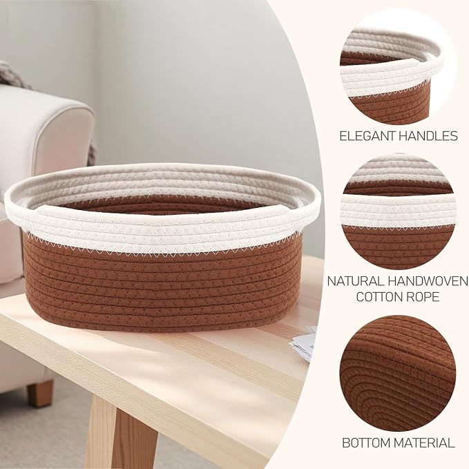 JMvicyroam Woven Basket,Small Rope Storage Bin with Handles & Ribbon Bag, Organizer for Shelves Closets,Gift Basket Empty for Birthday,Books,Dog Toys, White&Brown - Image 3