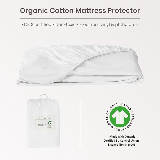 Bioweaves Organic Waterproof Mattress Protector – GOTS Certified Organic Cotton Twin Mattress Cover with Breathable Piqué Weave top Layer – 20 Inch Deep Pocket, White