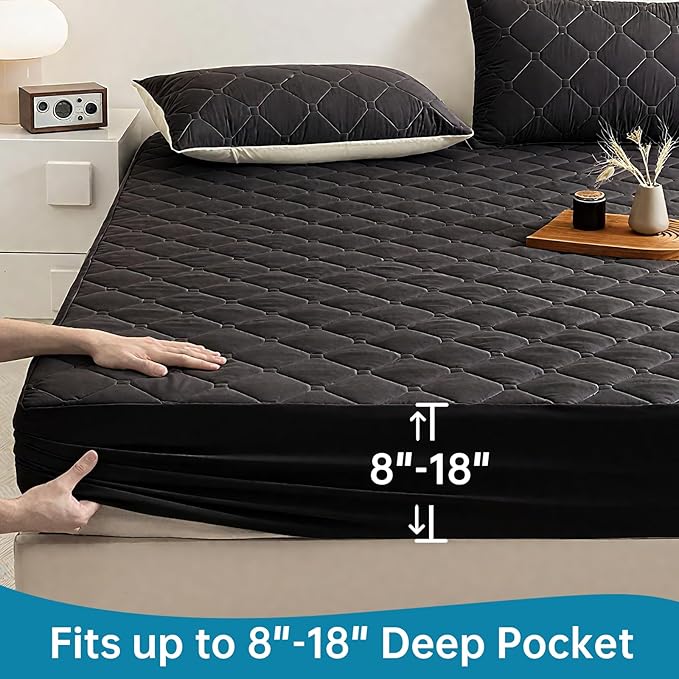 Queen Mattress Protector Waterproof, 18” Deep Pocket Fitted Sheet Queen+2pcs Pillow Cases - Leakproof, Oeko-TEX Certified, Breathable & Noiseless,Machine Washable (Black)