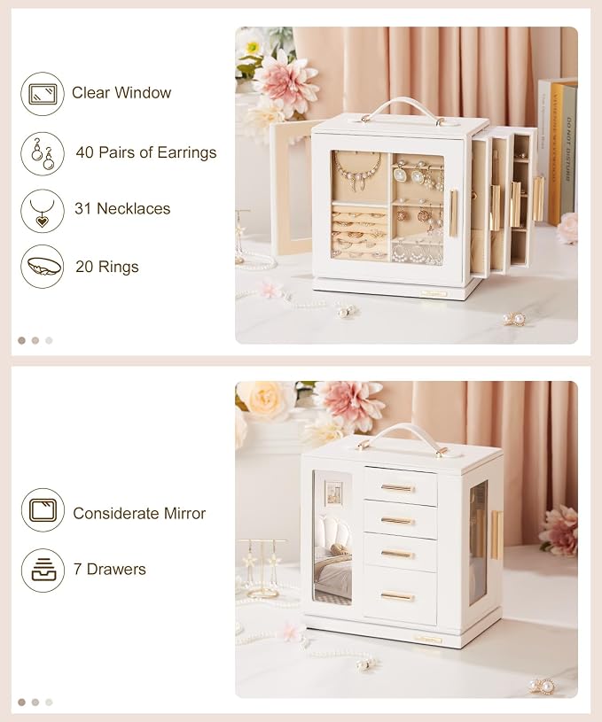Homde Mothers Day Gifts Jewelry Box 360° Rotating, Necklace Earring Organizer with Transparent Window, Mirror, 7 Drawers, Large Ring Display Storage Case for Girls Women (White) - Image 4