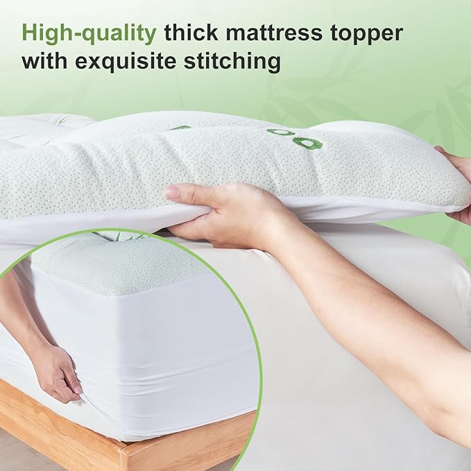 Twin XL Size Mattress Topper Viscose Derived from Bamboo, Soft Thick Pillow Top Mattress Pad Cover for Back Pain, Cooling Mattress Protector with 8-21 Inch Deep Pocket, White