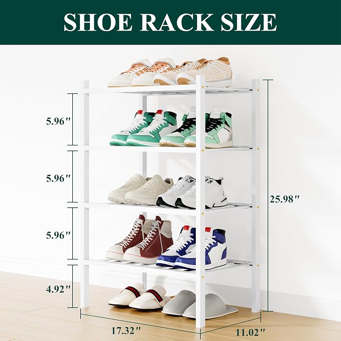 Smiry Shoe Rack, 4 Tier Small Bamboo Shoe Organizer, Stackable Free Standing Wooden Shoe Storage Shelf for Closet, Entryway, Front Door Entrance, White - Image 2