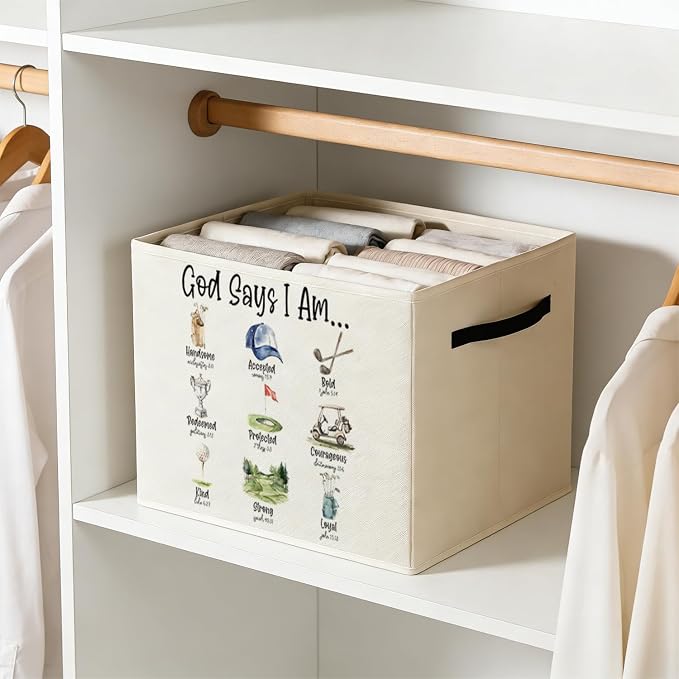 Christian Golf Storage Bin Box with Handles, God Says I Am Bible Verse Golf Foldable Baskets Organizer for Kids Room Nursery Bedroom Bathroom Clothes Toys Books, Toybox for Boys - Image 6