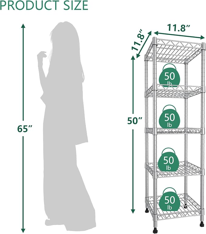 GIOTORENT 5 Tier Standing Shelving Metal Units, Adjustable Height Wire Shelf Display Rack for Laundry Bathroom Kitchen 11.8 W x 11.8 D x 50 H (5-Tier, Grey, Matte/Glossy Finish) - Image 2
