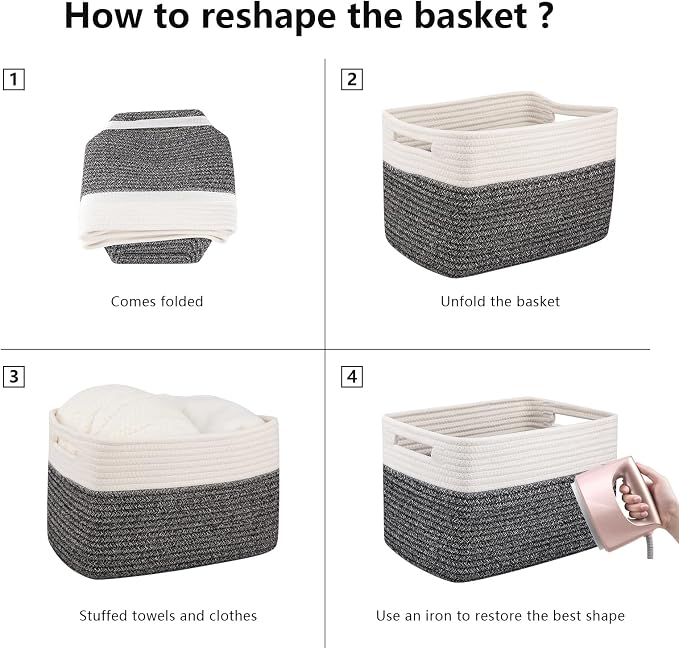 OIAHOMY 4 Pack Storage Baskets for Organizing, Basket for Shelves with Handle, Woven Baskets for Storage Toys, Towels, Books, Cotton Rope Basket 13" L x 9 " W x 7.8 " H, Black & White - Image 7