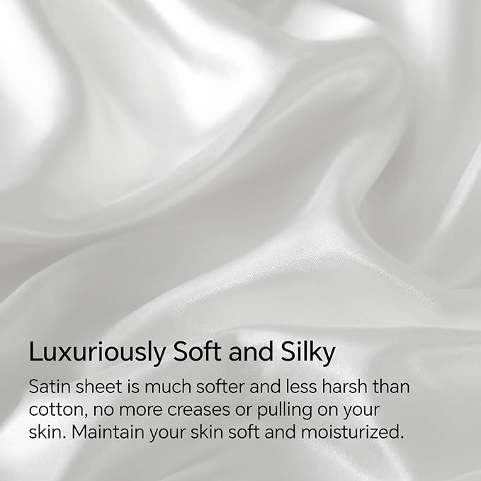 BEDELITE California King Sheets Set, Luxury Soft White Satin Sheets for Hair and Skin, Similar to Silk Bed Sheets Set 4 Pieces with 1 Deep Pocket Fitted Sheet, 1 Flat Sheet, and 2 Pillowcases