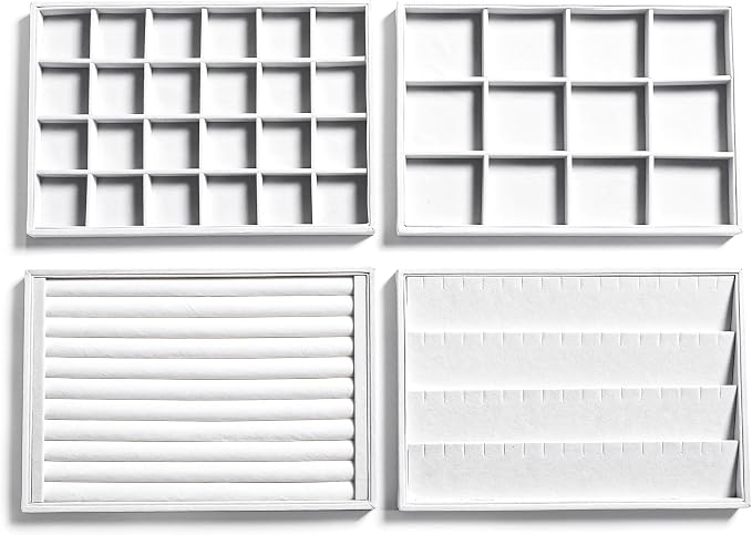 Frebeauty Stackable Velvet Jewelry Organizer Trays for Drawers Inserts Jewelry Storage Tray Display Case, Stud Earrings Bracelets Necklace Rings Accessories Trays for Women(Set of 4)(White) by Frebeauty