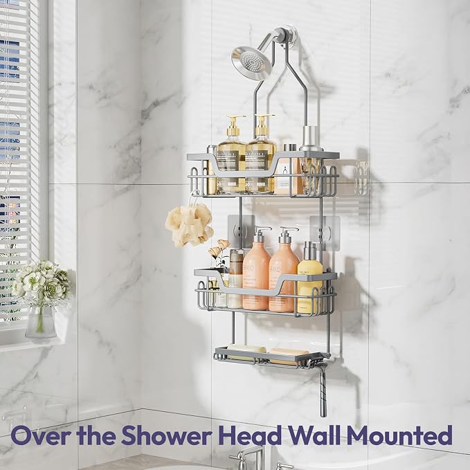 SWTYMIKI Bathroom Shower Caddy Hanging - 3 Tier Rustproof Over Shower Head Organizer, No Drilling Bathroom Shelf with 16 Hooks & Soap Holder, Anti-Swing Rack for Shampoo,Sponge,Towel, Silver, Large - Image 2