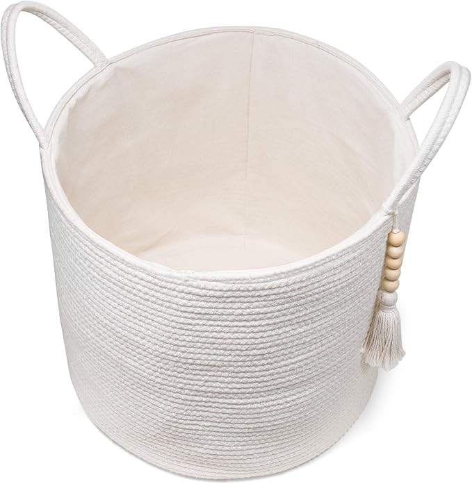 Mkono Woven Storage Basket Decorative Natural Rope Basket Wooden Bead Decoration for Blankets,Toys,Clothes,Shoes,Plant Organizer Bin with Handles Living Room Home Decor, White, 16" W × 13.8"L - Image 7