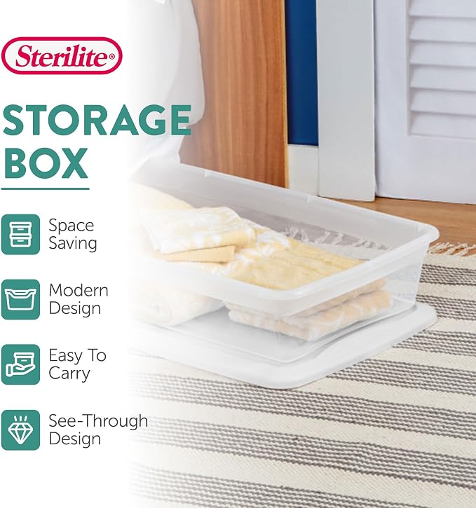 Sterilite 18 Pack Storage Box, 41 Quart Stackable Tote, Clear Plastic Container with Secure Snapping Lids for Home and Office Organization, White - Image 2