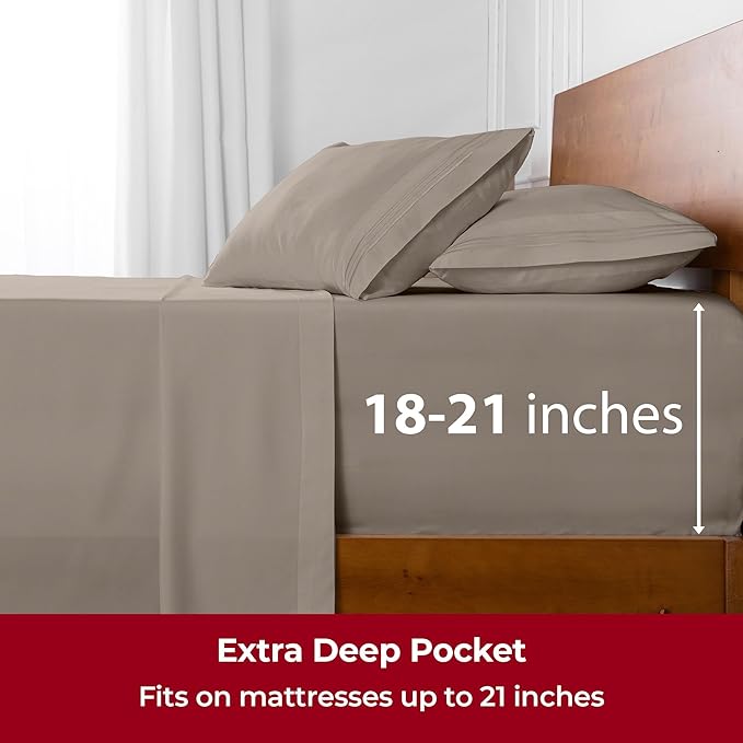 Mellanni Extra Deep Queen Sheets - 4 PC Iconic Collection Bedding - Hotel Luxury, Ultra Soft, Cooling Bed Sheets - Wrinkle, Fade, Stain Resistant (Queen, Tan)