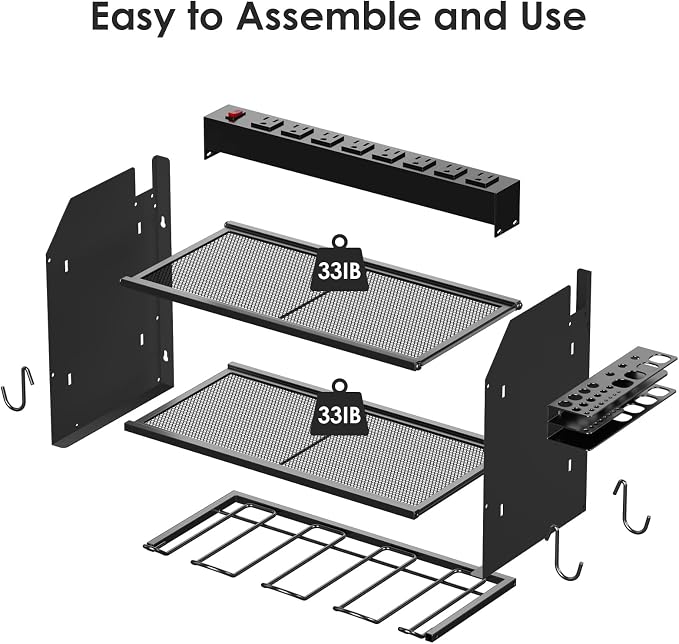 CCCEI Modular Power Tool Organizer Wall Mount with Charging Station. Garage Drill Storage Shelf with Hooks, Heavy Duty Rack, Tool Battery Holder Built in 8 Outlet. Gift for Men. Black, 1 Pack. - Image 7