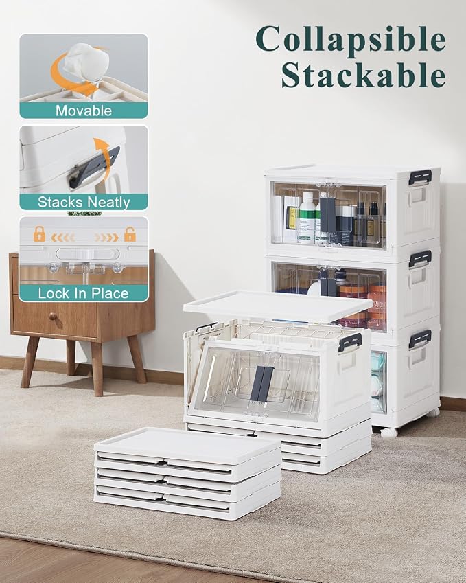 OlarHike 23QT Stackable Storage Bins with Lids - Folding Storage Box with Doors and Wheels, Collapsible Plastic Storage Bins for Closets and Organization, Bathroom, Office, Gifts, 3 Pack Cubes - Image 3