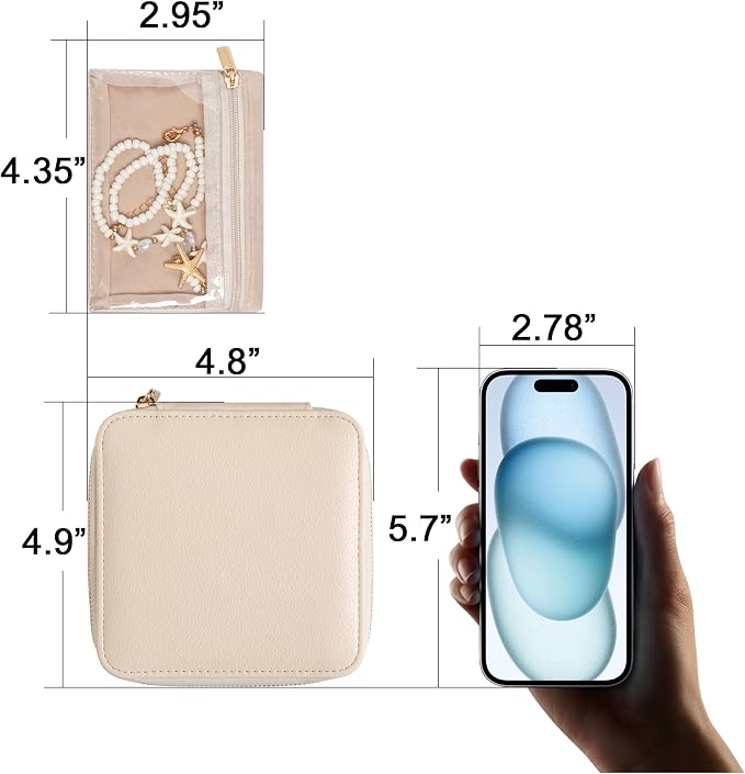 Frebeauty Small Travel Jewelry Box with 6 Pouch Bags, Portable Mini Jewelry Storage, 3.35 x 4.9 x 4.8 Inches, Gift Idea for Women Girls (Beige) - Image 4