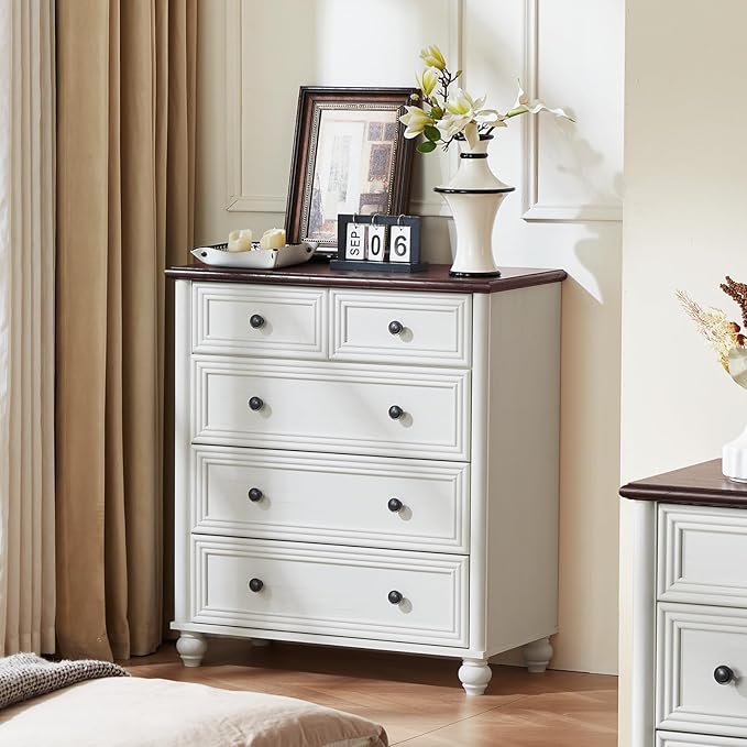 RWYHG Farmhouse 5 Drawer Dresser for Bedroom Set of 2, 35.5" Tall Small Dressers & Chest of Drawers, Rustic Wood Dresser with Roman Column, Storage Organizer for Living Room, Hallway, Closet (White)