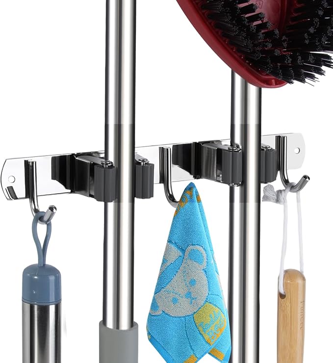 voze 2 Racks and 3 Hooks Mop and Broom Holder Wall Mount, Self Adhesive Heavy Duty Broom Organizer Storage Tool Racks for Kitchen Garden Laundry Garage by voze