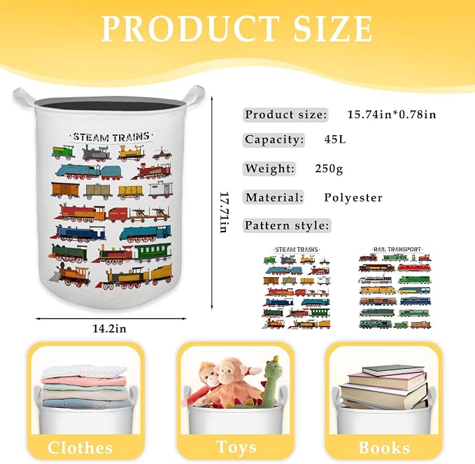 Steam Train Kids Laundry Basket, Toybox for Boys Room, Train Lover Enthusiast Gifts Laundry Basket Hamper Waterproof Collapsible Clothes Toys Storage Bin Organizer for Bedroom Bathroom Kids Room - Image 7