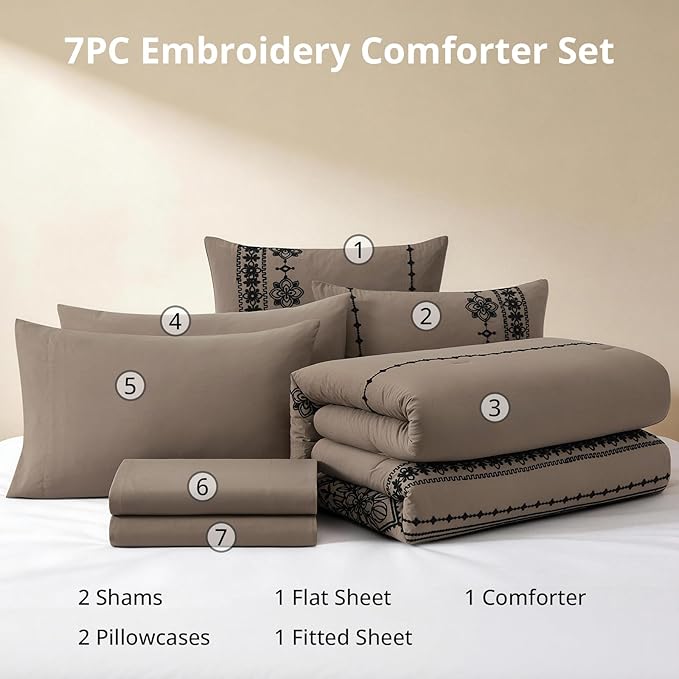MaiRêve Queen Size Comforter Set Taupe Grey, Embroidery Floral Western Boho Bedding Set, All Season 7 Pieces Bed in a Bag with Sheets, Pillowcases & Shams