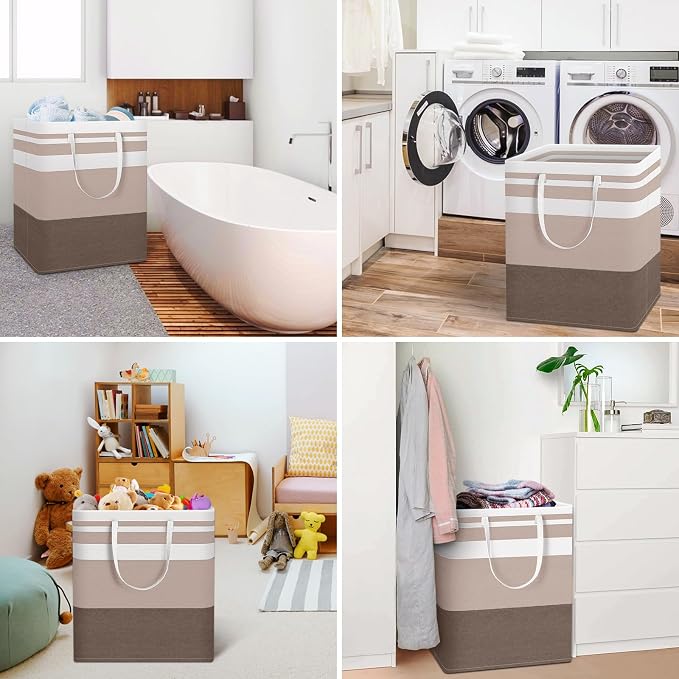 HomeHacks 2-Pack Large Laundry Basket, Waterproof, Freestanding Laundry Hamper, Collapsible Tall Clothes Hamper with Extended Handles for Clothes Toys in the Dorm and Family (Brown, 100L) - Image 6