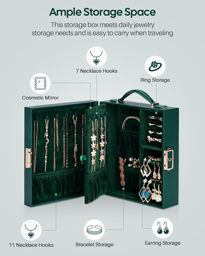 Enthralite Large Travel Jewelry Case: Portable Necklace Box with Mirror - PU Leather & Velvet Lined Jewelry Organizer for Ring Earring Bangle Bracelets Watch - Birthday Gift for Her - Image 4