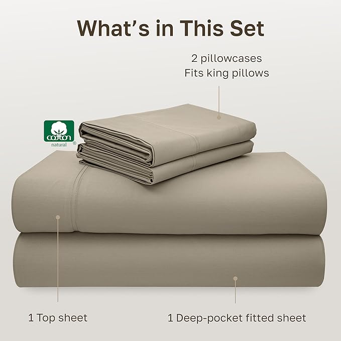 California Design Den King Size Sheet Set - 100% Cotton, Luxury 600 Thread Count Deep Pocket King Sheets, Durable Bedding with Sateen Weave (Cool Taupe)