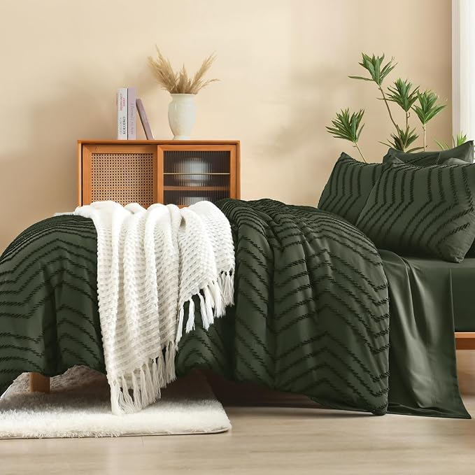 Litanika California King Comforter Set with Sheets Dark Olive Green - 7 Pieces Bed in a Bag Cal King Chevron Tufted Complete Bedding Sets with Comforter, Sheets, Pillowcases & Shams