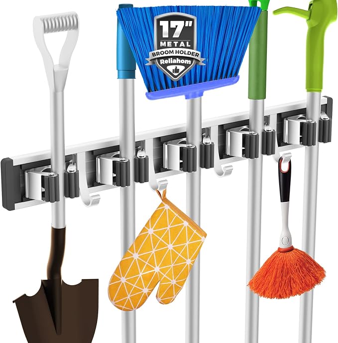 reliahom Broom Holder Wall Mount, 5 Racks with 4 Hooks Black - Mop Storage Tool Racks, Broom Hanger Tool Organizer for Garage, Kitchen, Garden, Laundry Room by reliahom
