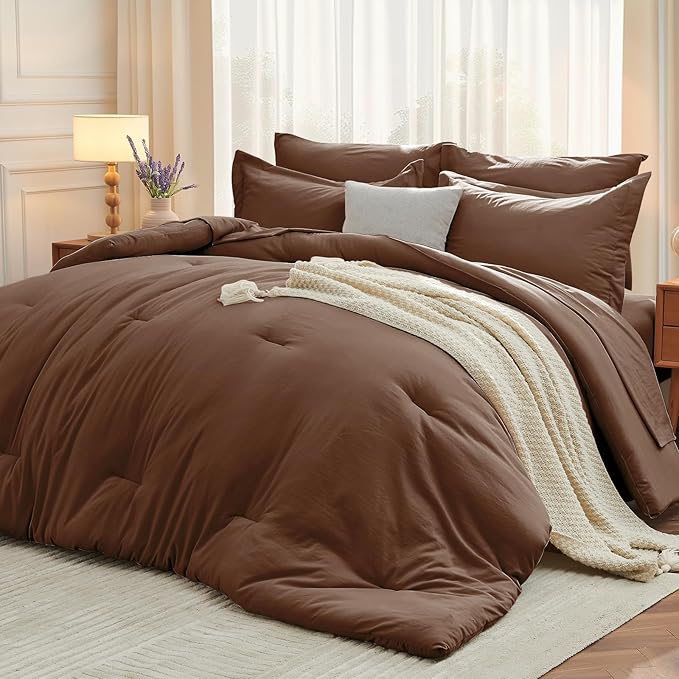 MUXHOMO 7 Pieces King Comforter Set, Soft Bed in a Bag King Size, All Season Bedding Set with Comforter, Flat Sheet, Fitted Sheet, Pillowcases & Shams, Brown