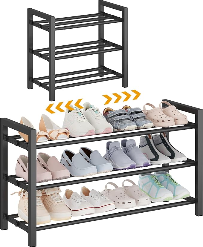 Detsuk 3-Tier Expandable Shoe Rack – Adjustable Heavy-Duty Metal Shoe Organizer Shelf for Closet, Entryway, Mudroom & Garage – Durable Freestanding Storage, Black by Detsuk
