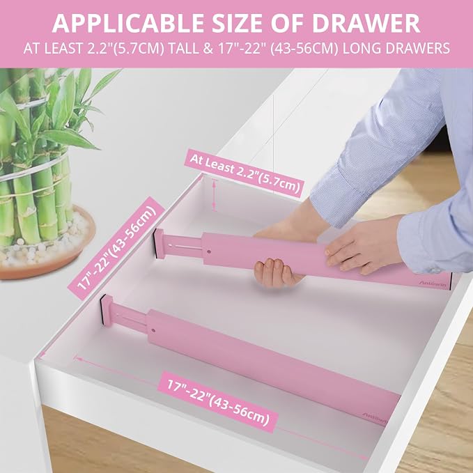 ANTOWIN Expandable Bamboo Drawer Dividers Organizers, Drawer Separators Splitter, 17-22 inches Long Adjustable Spring-loaded Organizer for Large Utensil, Clothes, Tools(Pink) - Image 5