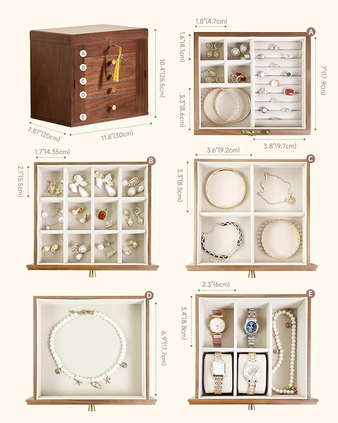 Black Walnut Wooden Jewelry Box, Wood Jewelry Organizer with 2 Side Doors Mirror Lockable Classical Style for Watch Necklace Ring Earring Storage Mothers Day Gifts for Mom-5 Layer - Image 8