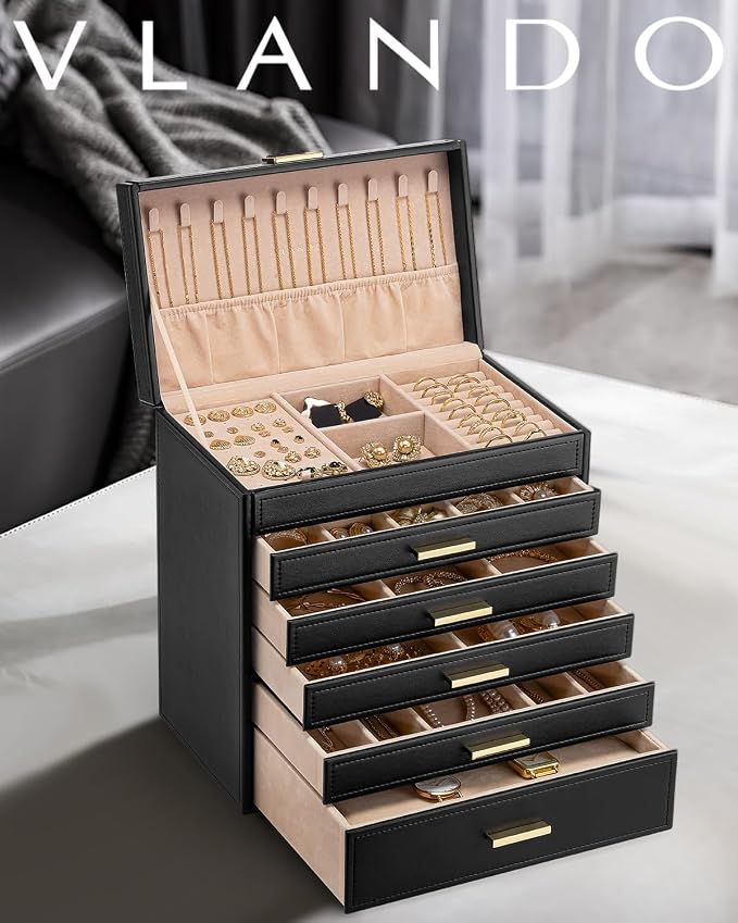 VLANDO 6 Layer Large Jewelry Box - Jewelry Holder Organizer, Jewelry Box Organizer for Drawer Necklace Ring Bracelet and Watch, Birthday Gift for Loved Ones - Black - Image 2