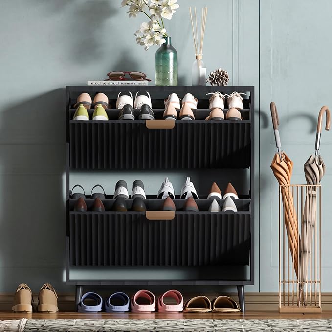 Shoe Cabinet Storage,Modern Freestanding Organizer with 2 Flip Drawers,Narrow Shoe Rack Cabinet for Entryway,Black by QIVOMIX