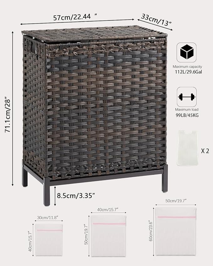SETVSON Laundry Hamper with Lid, 112 L Handwoven Rattan Wicker Laundry Basket, 2 Removable Liner Bags Metal Heightened Feet, 6 Mesh Bags, 2 Section Large Clothes Hamper for Bathroom Bedroom, Brown - Image 5