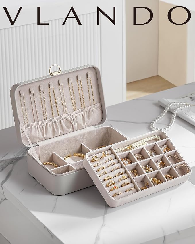 VLANDO Jewelry Boxes for Women,2 Layers Jewelry Box with Lock,Birthday Gifts for Women Girls,Jewelry Organizers for Earrings Necklace,Rings Storage Grey - Image 5