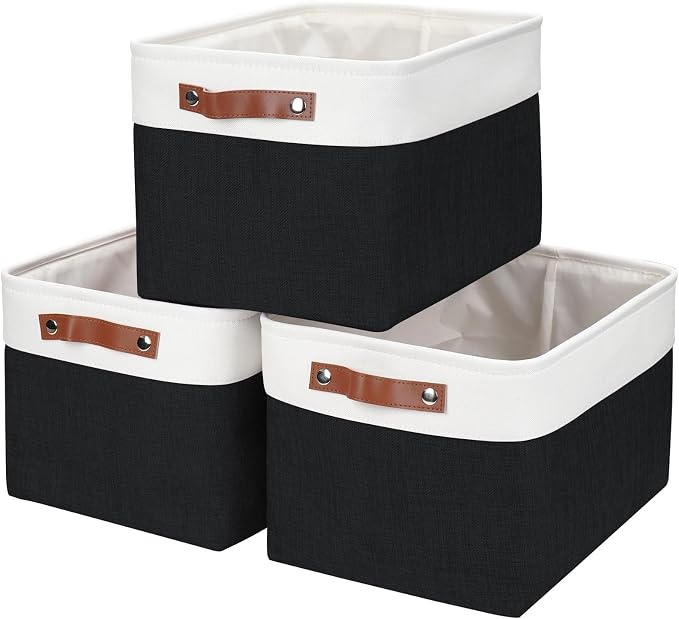 Bagnizer Storage Bins Large Fabric Storage Baskets for Shelves 3 Pack, Decorative Linen Closet Baskets with Handles for Organizing, Shelf, Clothes, Home, Office, 15x11x9.5Inches (Black&White) by Bagnizer