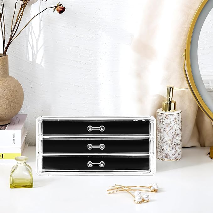 ProCase Earring Holder Organizer Jewelry Box with 3 Drawers, Acrylic Clear Earring Case with Adjustable Velvet Trays for Women - Black, 3 Layers - Image 6