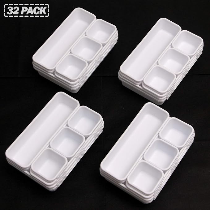 Set of 32 Interlocking Desk Drawer Organizer Tray Dividers Plastic Shallow Narrow Drawers Organizers Separators Storage Bins Container for Kitchen Bathroom Makeup Office Vanity Bedroom Dresser White - Image 4