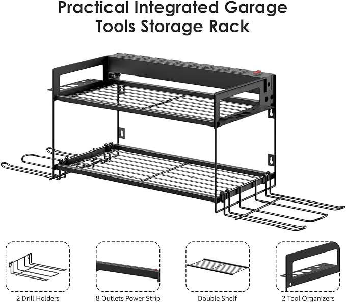 CCCEI Garage Tools Storage with Charging Station. Power Tool Battery Organizer Utility Shelf with Power Strip. 4 Drills Holder Wall Mount Rack, Black. - Image 4