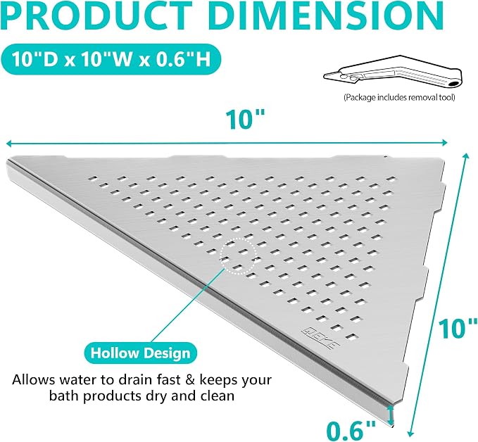 Qeke Bathroom Corner Shelf, Recessed 10" Shower Shelf Caddy, SUS304 Stainless Steel Shelf Wall Mount Triangular, No Drilling, Brushed Nickel - Image 2