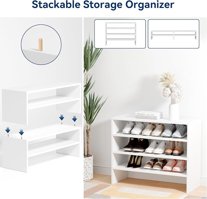 Whitmor Stackable 28" Extra Wide 2-Shelf Storage Organizer, Stackable Wood Combination Shoe Organizer Racks Shelves for Closets, Entryway, Hallway, Garage,White,2 Pack - Image 5