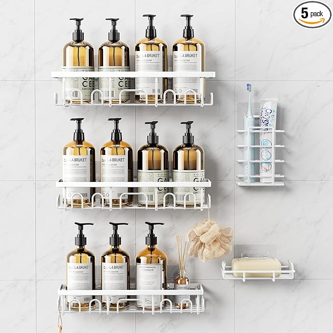 Shower Caddy, 5 Pack Shower Shelves for Inside Bathroom, Rustproof Adhesive Bathroom Organizer with Soap Holder, No Drilling Washroom Organizers and Storage for Bathtub Room/Kitchen/Home, White by Deyhoc