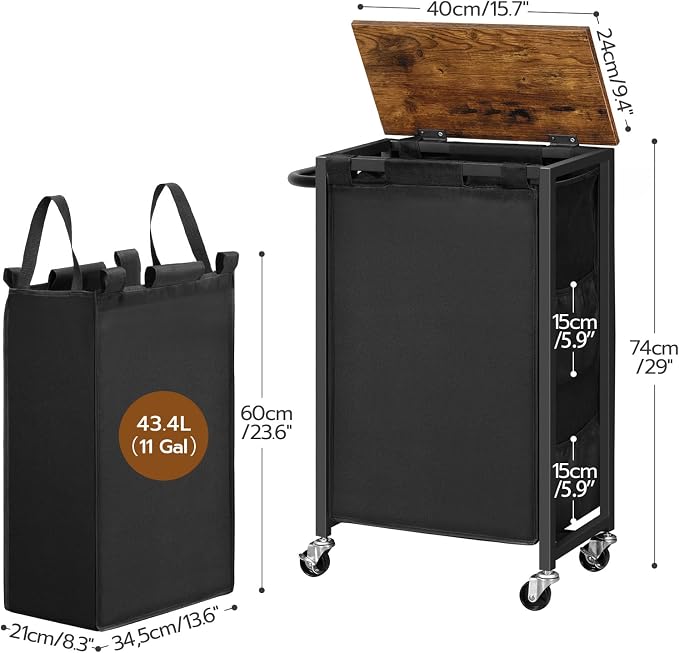 HOOBRO Slim Laundry Hamper with Lid, 11Gal Rolling Laundry Basket with Wheels, Laundry Sorter with Side Pockets and Handle, Oxford Fabric Bag, Space-Saving, Rustic Brown and Black BF24XY01G2 - Image 4