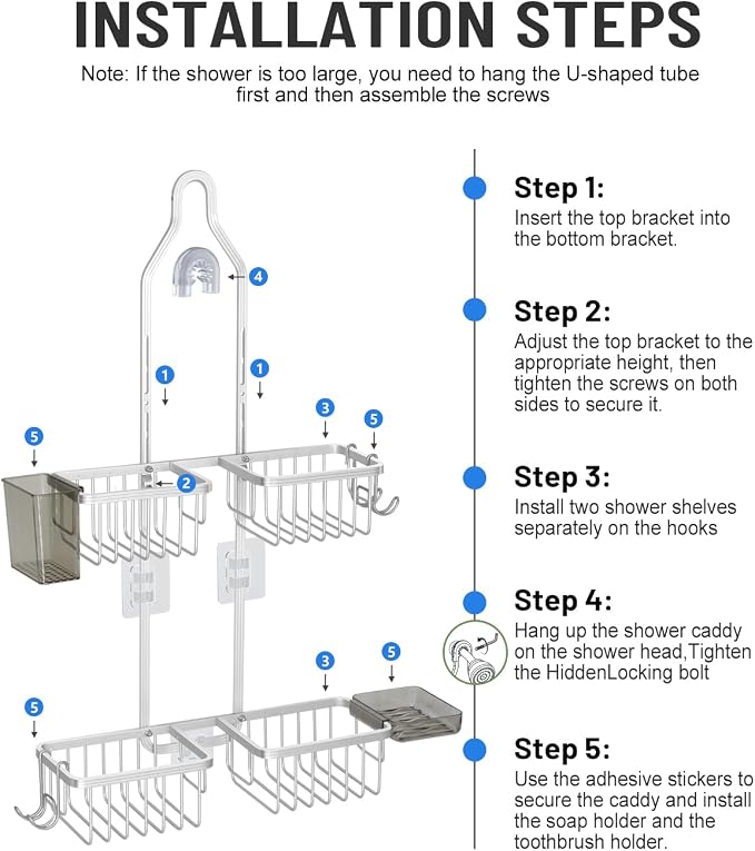 Adjustable Shower Caddy Hanging for Handheld Showerheads - Never Rust Shower Hanging Organizer, Upgraded Bathroom Shower Rack with Soap Basket, Hooks and Toothbrush Holder (Silver) - Image 8