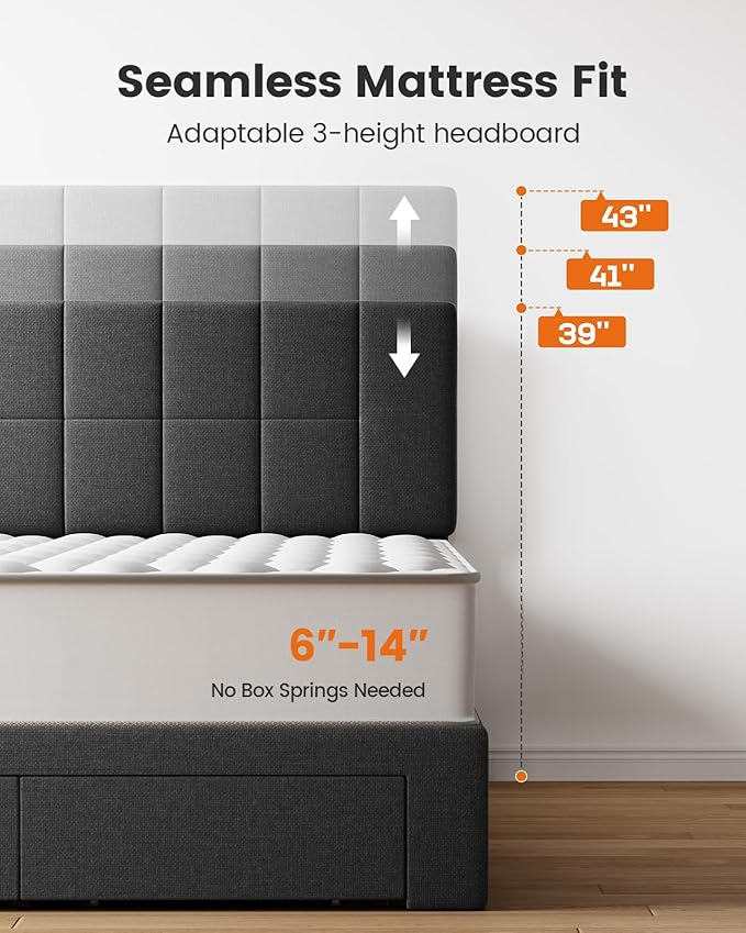 Pipishell Full Bed Frame with 2 Storage Drawers, 12 Sturdy Legs, Solid Wooden Bed Base with Upholstered Headboard for 6″ to 14″ Mattresses, 1300 lbs High Weight Capacity, Easy Assembly, Dark Gray