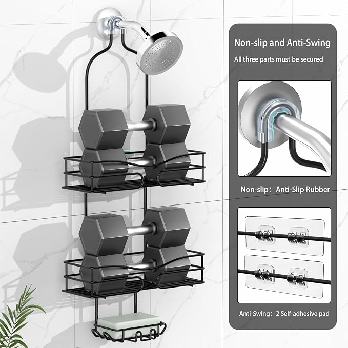 DAOYA Bathroom Shower Caddy Hanging - 3-Tier Organizer with Soap Holder & 6 Hooks for Towels, Sponge; Fits 21mm Shower Head Arm, Black - Image 4