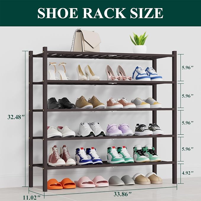 Smiry Shoe Rack, 5 Tier Thick Long Bamboo Shoe Organizer, Stackable Free Standing Wooden Shoe Storage Shelf for Closet, Entryway, Front Door Entrance, Brown - Image 2