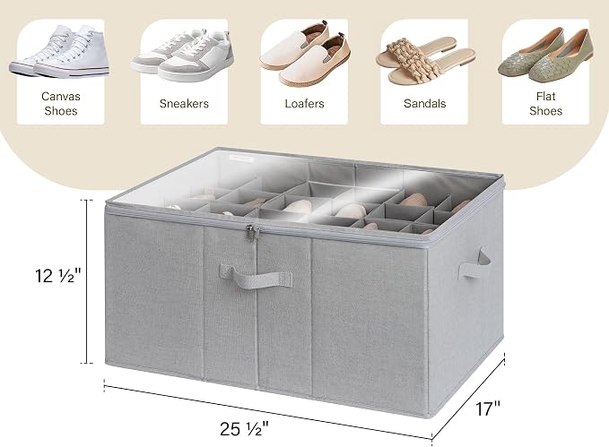 StorageWorks Shoe Organizer for Closet, Fits up to 24 Pairs, Shoe Cubby Storage Containers with Adjustable Dividers and Clear Cover, Grey - Image 3