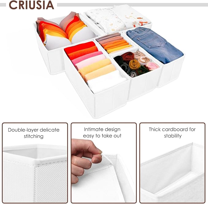 Criusia 6 Pack Clothes Drawer Organizer, Fabric Foldable Closet Dresser Drawer Organizer for Clothing, Bra Sock Underwear Drawer Organizer for Nursery Dorm Bedroom Organization (6 Bins, White) - Image 2